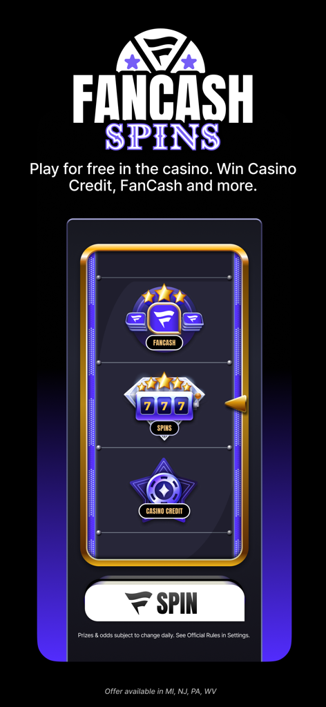 FanCash Spins promotional screen in the Fanatics Sportsbook and Casino app featuring a daily slot game for rewards like fancash and casino credits