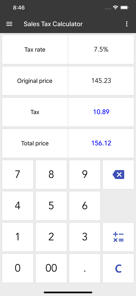 ClevCalc sales tax calculator interface displaying price and tax rate calculations