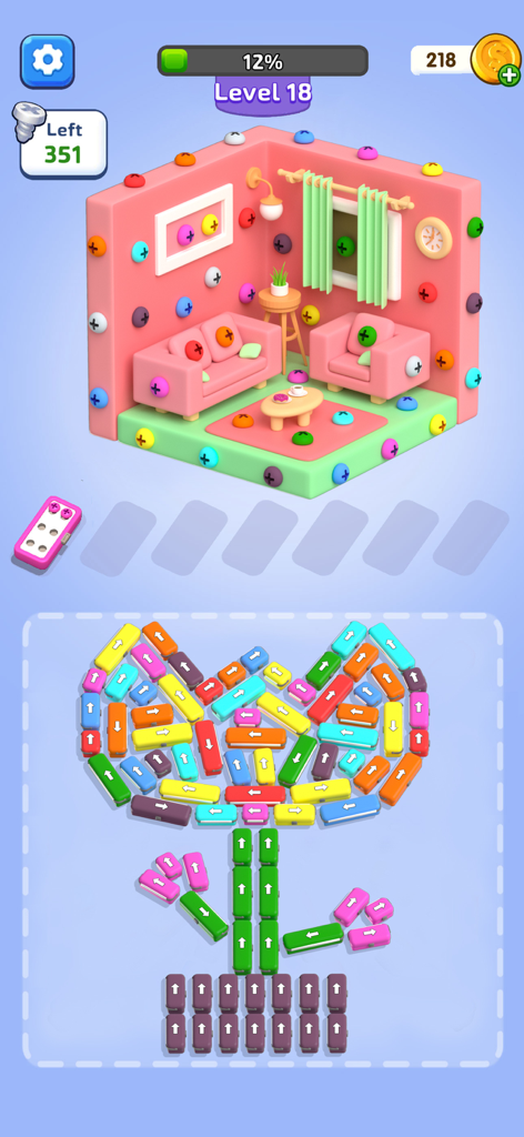 Screw Escape 3D - Car Out Jam - Gameplay screen of Screw Escape 3D showing a pink room with colored screws and a flower block puzzle