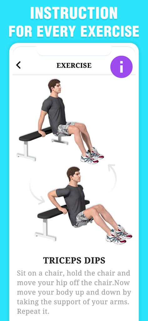 Arm Workout - Biceps, Triceps - Pantalla de la aplicación móvil que muestra instrucciones paso a paso para fondos de tríceps con ilustraciones de personajes.