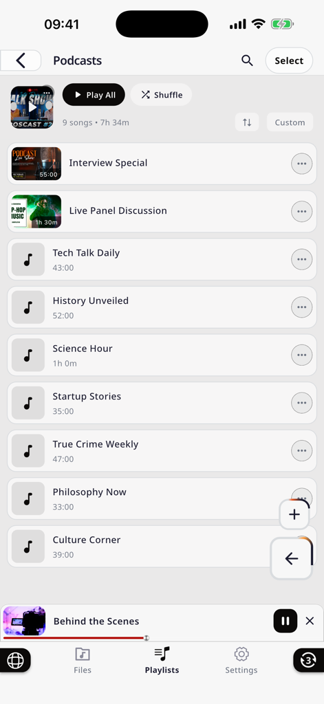 xDL - Cloud Files Downloader - Una interfaz móvil que muestra una lista de reproducción de podcasts dentro de la aplicación xDL con varios episodios de audio y opciones de reproducción