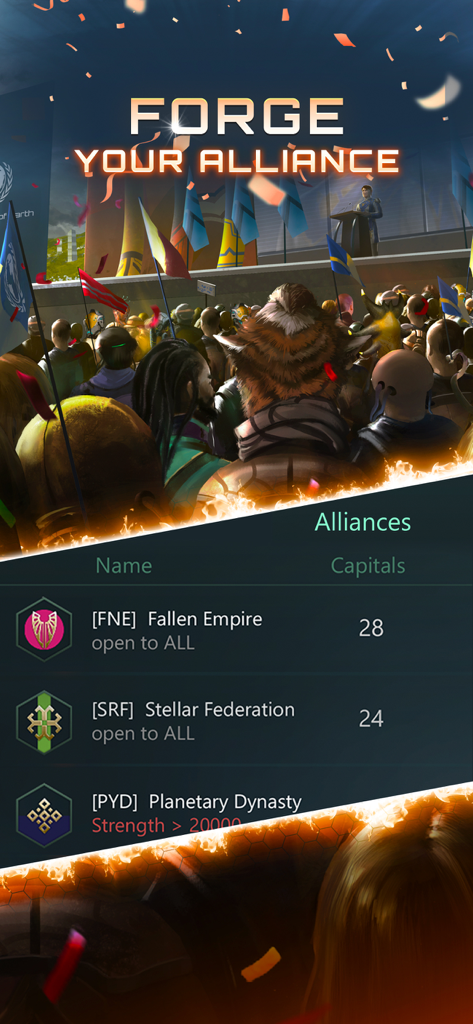 Stellaris: Galaxy Command - A mobile game screenshot for Stellaris Galaxy Command showing a list of player alliances and a crowd of galactic citizens