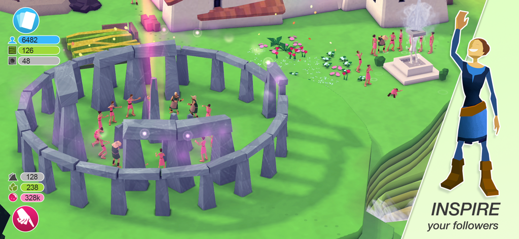 Godus - Dans le jeu de simulation Godus, des fidèles se sont rassemblés autour d'un monument circulaire en pierre au style graphique low poly.