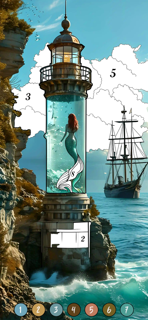 Une sirène à l'intérieur d'un phare dans un jeu de peinture par numéros numérique