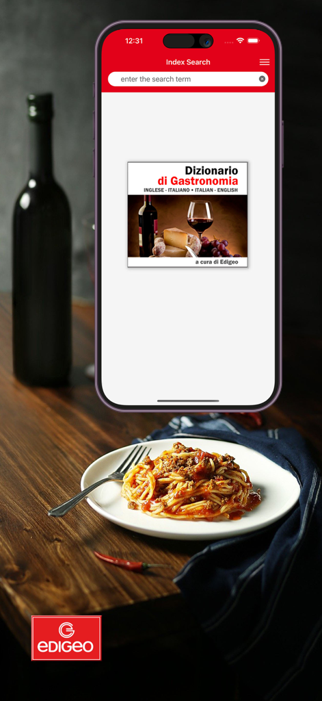 Dizionario di Gastronomia - Aplicación de diccionario de comida italiano-inglés mostrada en un iPhone con un plato de pasta y vino