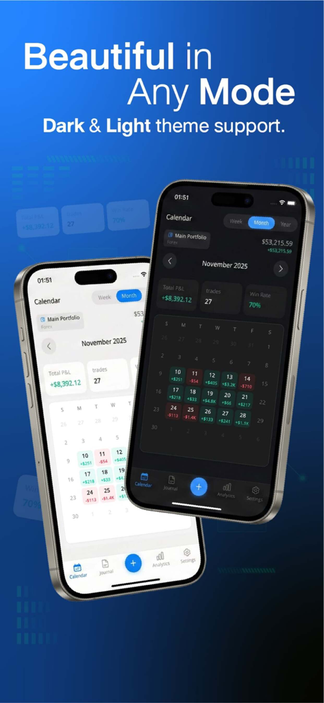 Trade Buddy - Trading Journal - Two smartphones displaying the Trade Buddy trading journal app calendar in dark and light themes