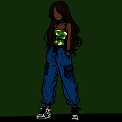 girl in baggy pants crop top and long hair