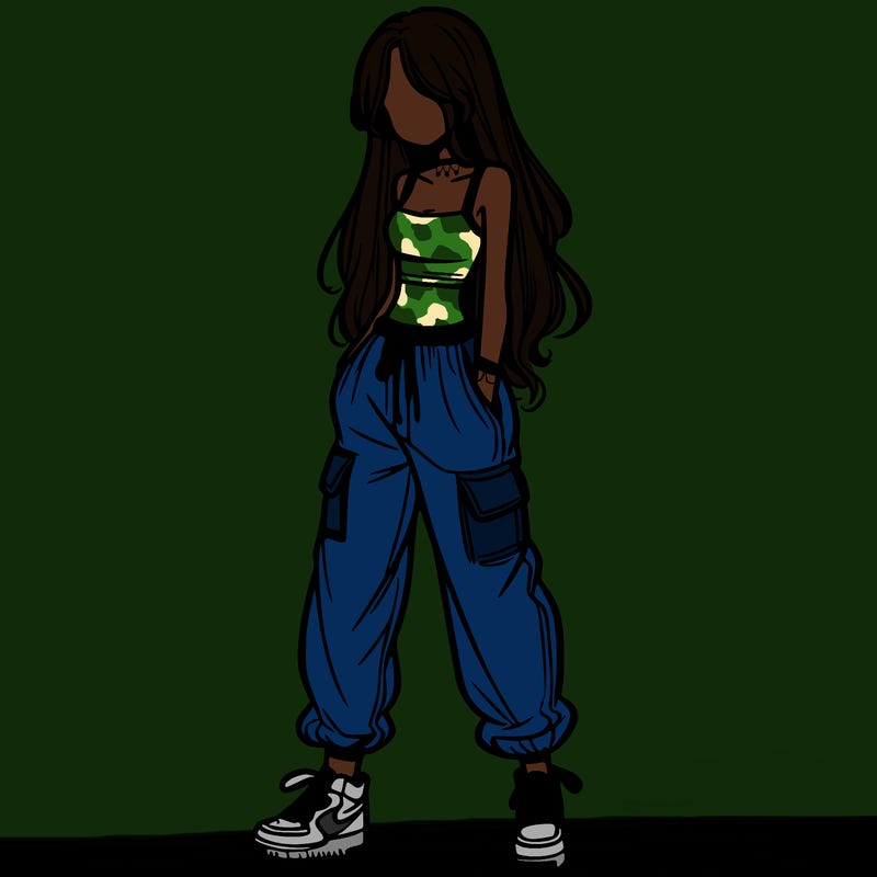 girl in baggy pants crop top and long hair