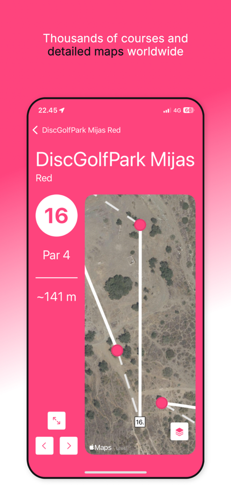 Plan détaillé d'un parcours de disc golf dans l'application Upsi montrant les informations sur les trous et la vue satellite.