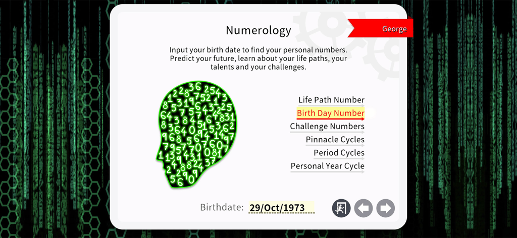 Numerology screen in the Astrology Horoscope Premium app featuring a head silhouette filled with numbers and life path calculation options