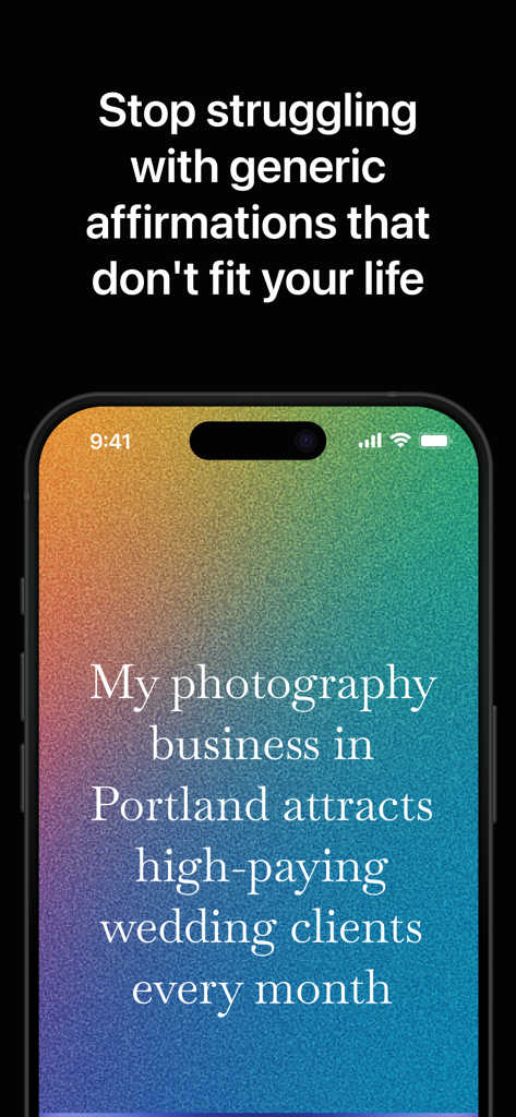 shimmer: daily affirmations - Smartphone displaying a personalized photography business affirmation in the Shimmer app.