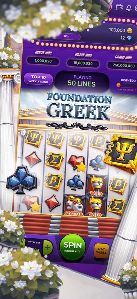 Portrait Slots™ : Vegas Casino - Capture d'écran du jeu Portrait Slots Vegas Casino montrant le thème grec Foundation et 50 lignes de paiement