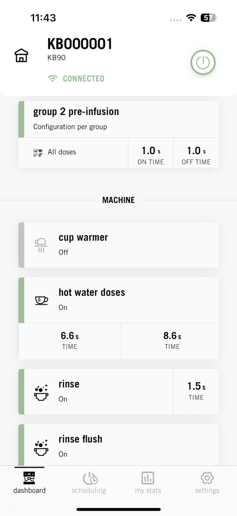 Dashboard dell'app La Marzocco che visualizza le impostazioni della macchina da espresso e i parametri di infusione