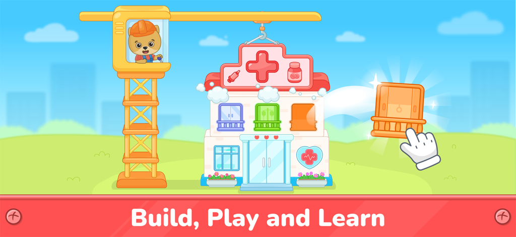 Building Games for Kids 2-6 - Un personaje oso operando una grúa para construir un hospital en un juego de aprendizaje preescolar