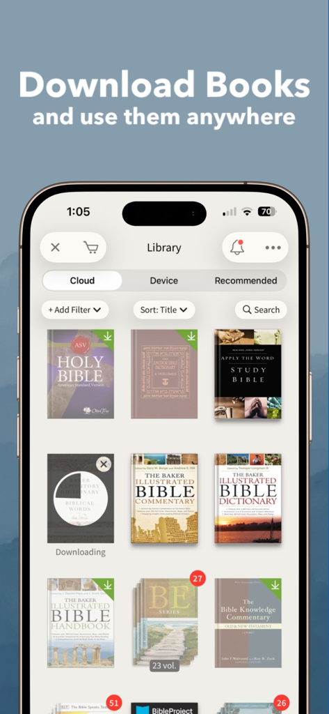 Bible App - Read & Study Daily - 다운로드 가능한 성경 연구 자료 및 도서 라이브러리를 표시하는 스마트폰 인터페이스