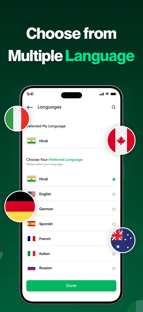 Smartphone screen showing a list of language options like English Spanish and German in the Invoice Maker app