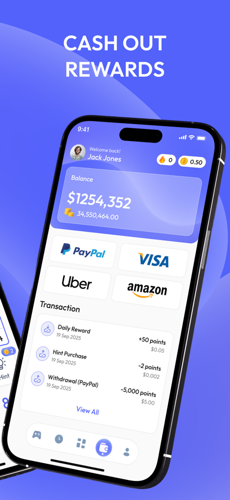Rewards interface for Sudoku Cash showing real money balance and cash out options including PayPal and Amazon