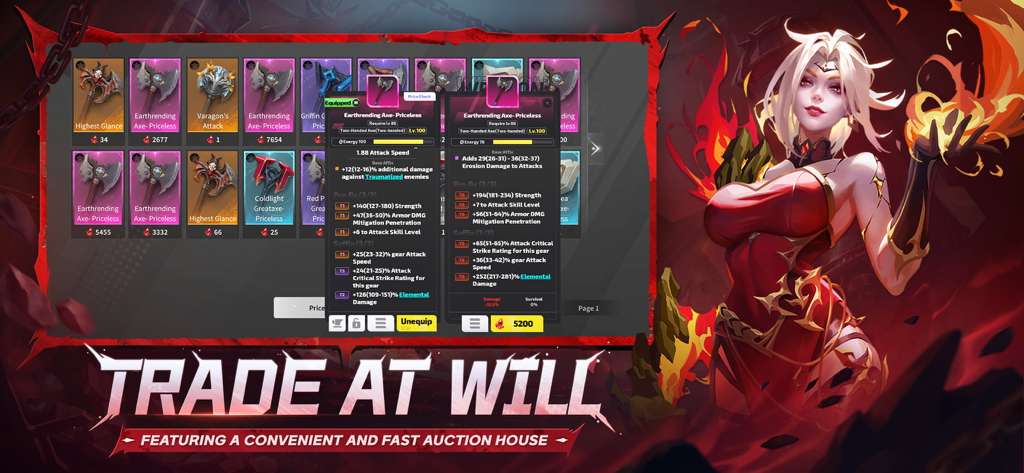 Torchlight Infinite in-game auction house interface displaying weapon stats and item trading listings