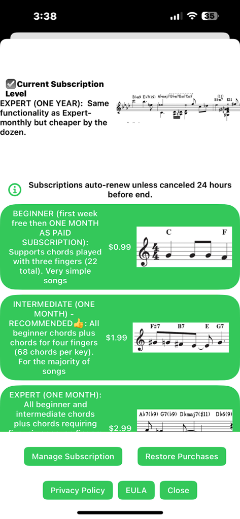 Piano Chord Trainer - Subscription plans for Piano Chord Trainer showing Beginner Intermediate and Expert levels with prices