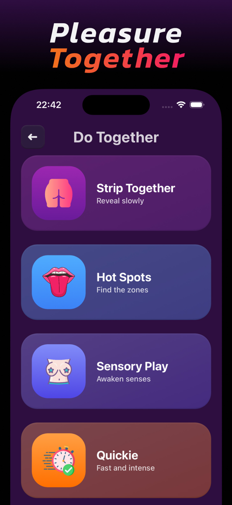 Sex Positions Game :TwoJoy - TwoJoyモバイルアプリのインターフェース。ストリップトゥギャザーやセンサリープレイなど、カップルのための親密さのアクティビティが表示されています。