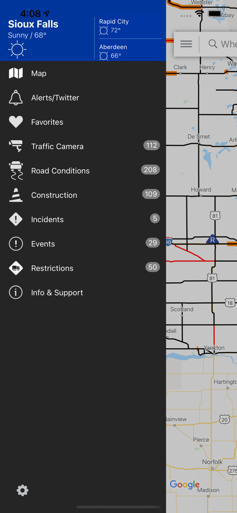 SDDOT 511 - SDDOT 511 app navigation menu showing road conditions traffic cameras and local weather