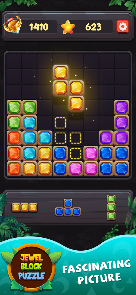 Gameplay of Jewel Block Puzzle Classic showing jewel blocks on a grid