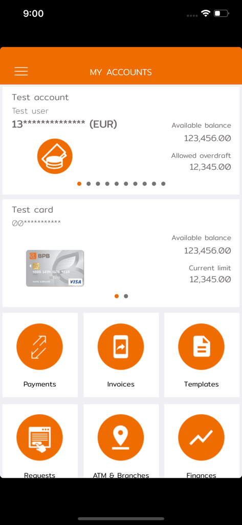 BPB Mobile Banking app dashboard showing account balances and menu icons for payments and invoices