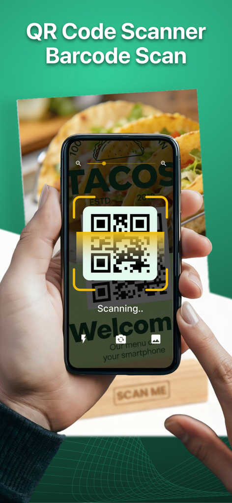 QR Code Scanner Pro - Scanify - Smartphone screen showing the Scanify app scanning a QR code on a restaurant menu