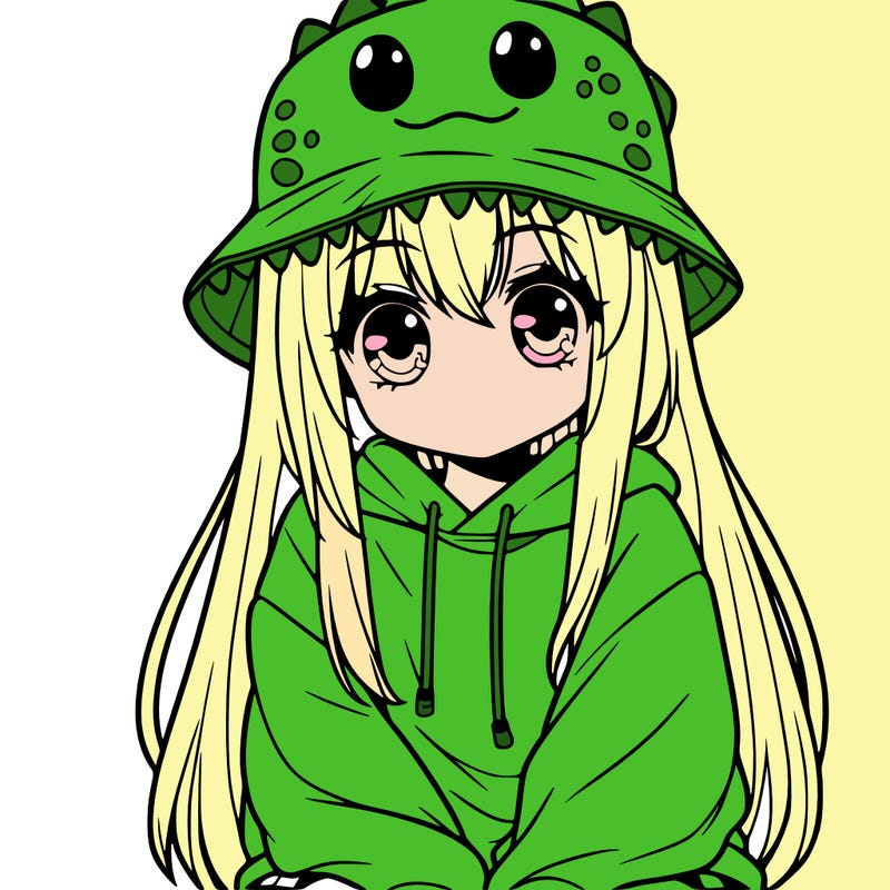 girl with anime shaped eyes with a dinosaur bucket hat oversized sweatshirt long straight hair