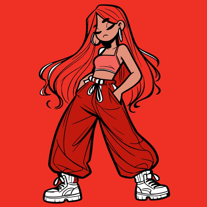 girl in baggy pants crop top and long hair
