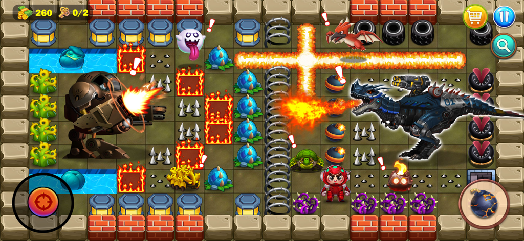 Bomber Classic- Bomberman - Bomber Classic gameplay showing the red hero character facing a robot and a mechanical dinosaur in a grid level with fire explosions