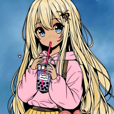 animae girl with long hair and holding boba tea