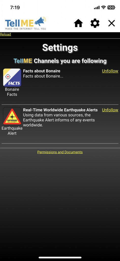 TellME - Curated News Reader - The Settings screen in the TellME app displaying a list of followed news channels such as earthquake alerts and Bonaire facts with options to unfollow.