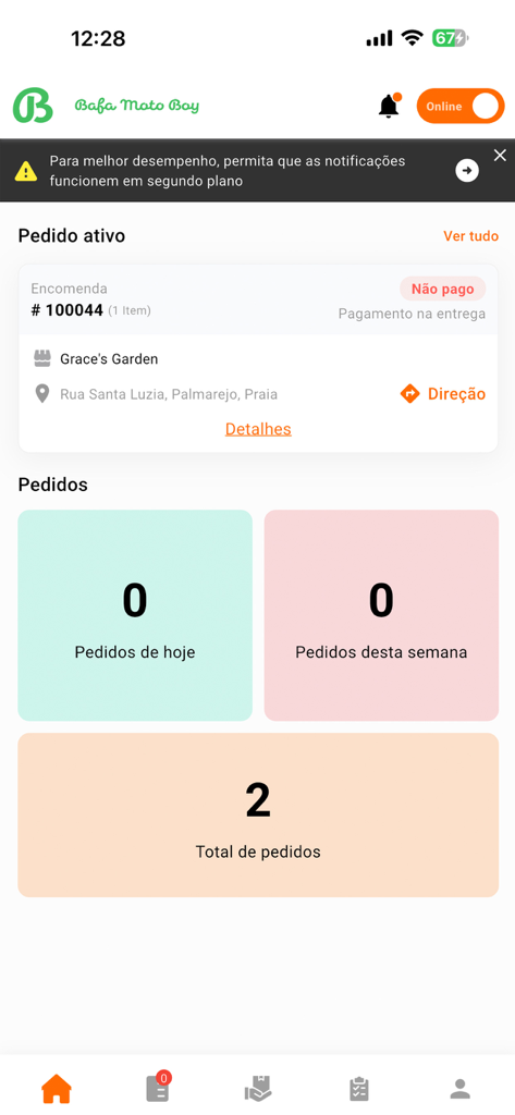 Bafa: Entregador - Bafa Entregador mobile app dashboard displaying an active delivery request and order statistics