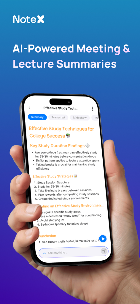 A hand holding a smartphone displaying an AI-generated lecture summary for study techniques on the NoteX app