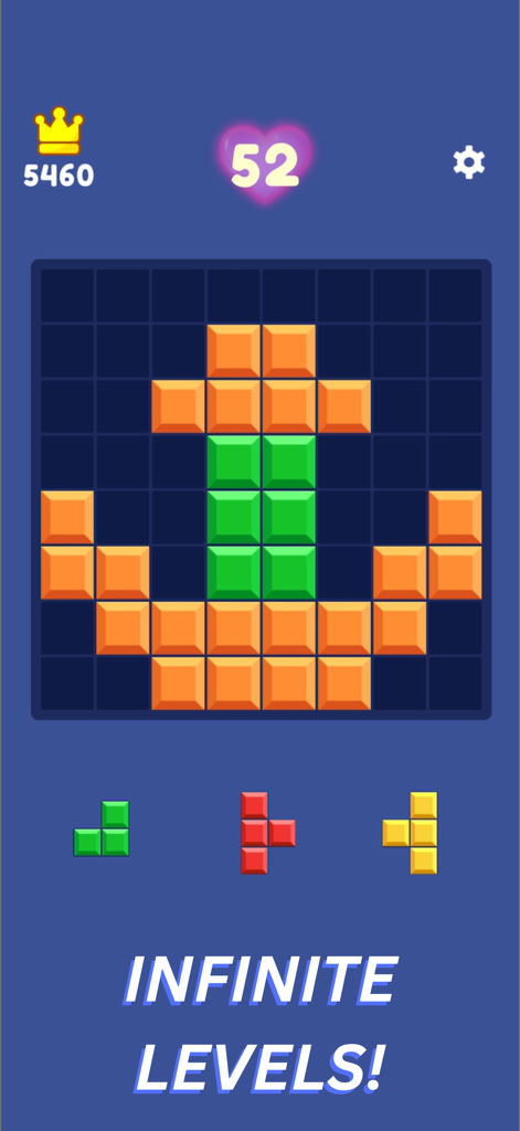 Block Puzzle Fun Game - Captura de pantalla del Juego Divertido de Bloques mostrando una cuadrícula con bloques coloridos en forma de ancla y el texto niveles infinitos