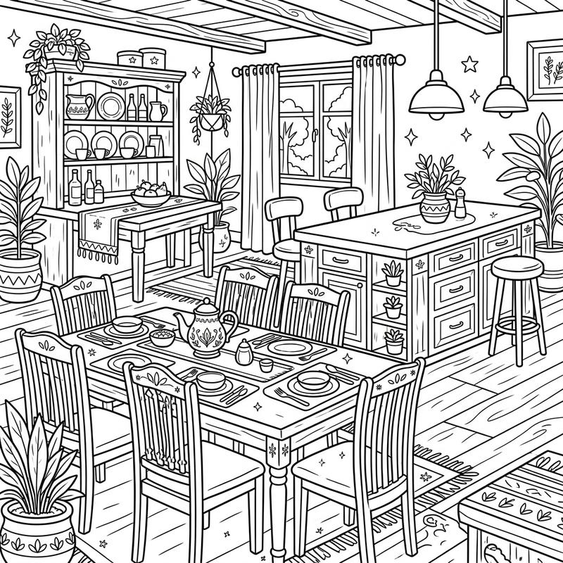 Step into a world of domestic charm with this intricate dining and kitchen furniture coloring page. Immerse yourself in the details of a beautifully arranged home setting, ready for your creative touch.