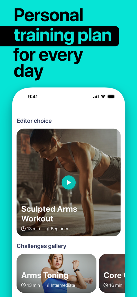 HitFit app interface displaying personalized daily training plans including sculpted arms and arm toning workouts