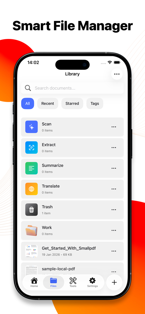 PDF AI: Reader & Scanner - Smartphone screen showing the Smart File Manager interface of the PDF AI app with categorized document folders and AI tools like Summarize and Translate