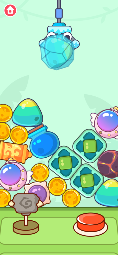 Claw Machine Games for kids - A blue claw machine grabbing a surprise egg above a pile of colorful prizes and coins with a red button at the bottom.