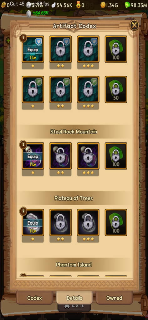 Everybody's RPG - Artifact Codex menu showing collectible items and equipment progression in Everybodys RPG