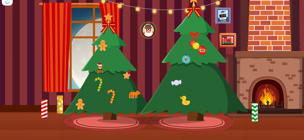 Labo Christmas Train:Kids Game - A festive indoor scene featuring two decorated Christmas trees and a glowing fireplace in a cozy room.