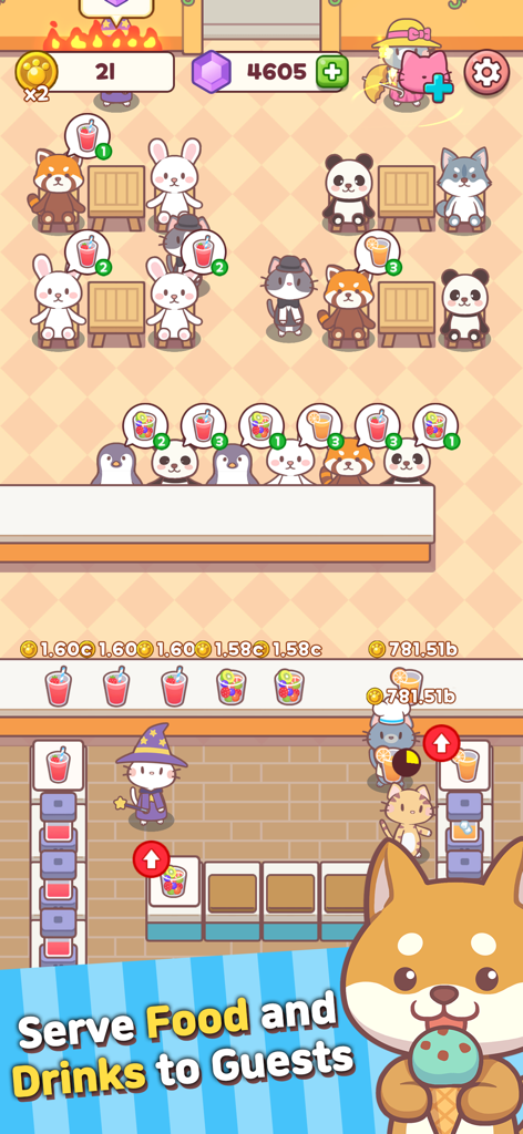 Meow Meow Cafe: Idle food Bar - Cute animal characters ordering fruit drinks in a colorful cat restaurant simulation