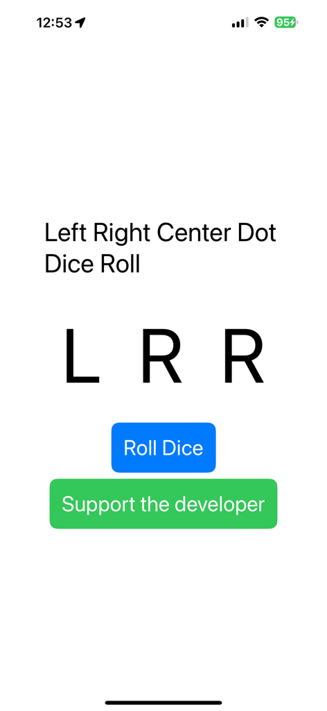 Left Right Center Dot Dice - Main screen of the Left Right Center Dot Dice app showing dice roll results and a Roll Dice button.
