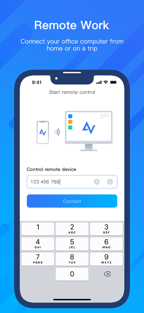 AnyViewer Remote Desktop app on iPhone displaying the connection interface for remote work