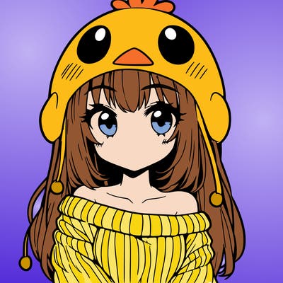anime girl with chick shaped hat with sweater with bare shoulders with bangs covering them one eye with low tail