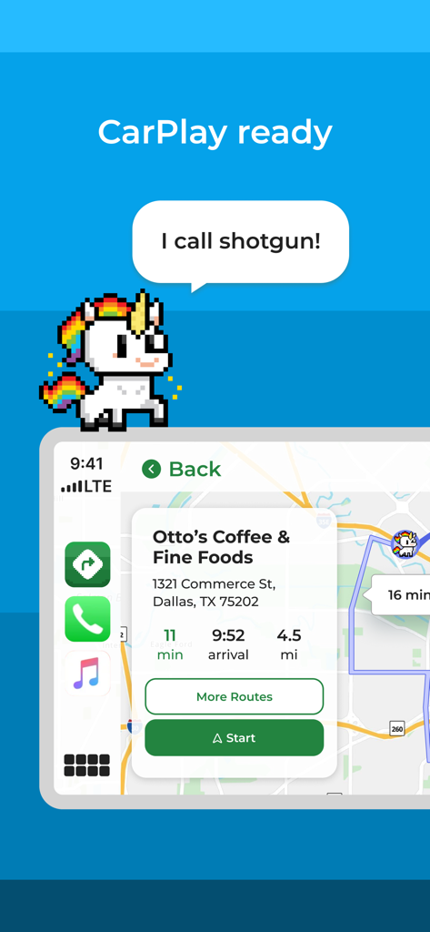 Apple CarPlay上のMapQuest GPSナビゲーションインターフェース。ダラスのコーヒーショップへのルートが表示されている。