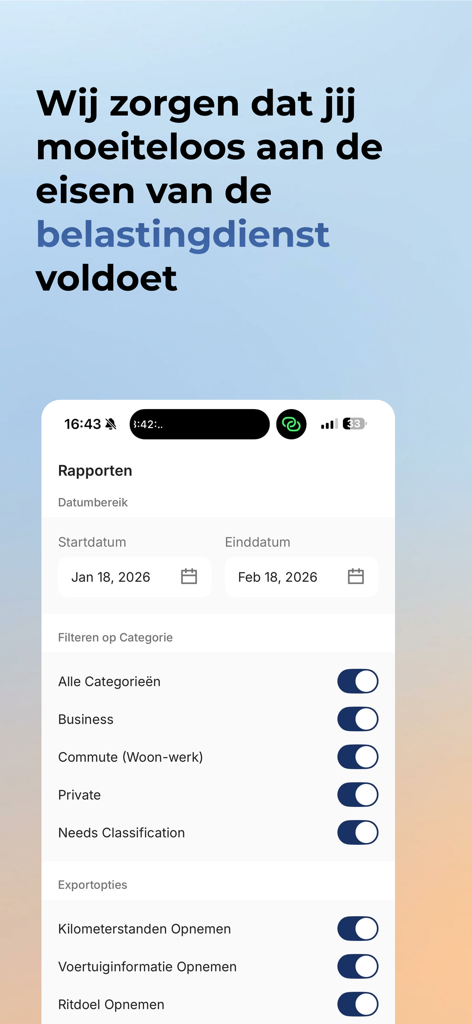 Ritly app interface for configuring mileage reports and trip category filters
