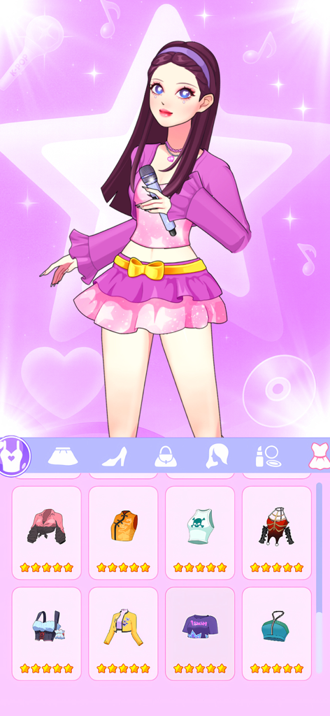 Idol Live: Mini Games Show - Character customization screen showing a pop idol and a menu of stylish clothing items