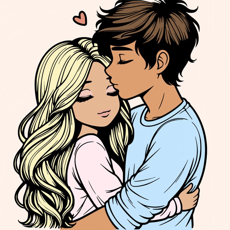 a realistic couple boy and girl hugging and kissing